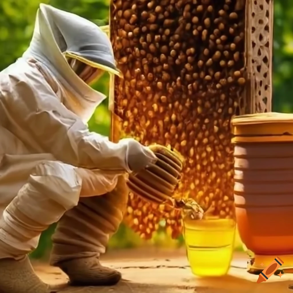 apiculteurs en tenue de protection remplissant des pots de miel