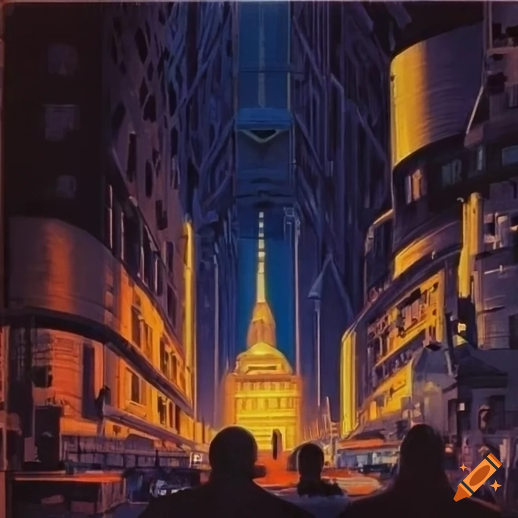 city plaza in a retro sci-fi art style