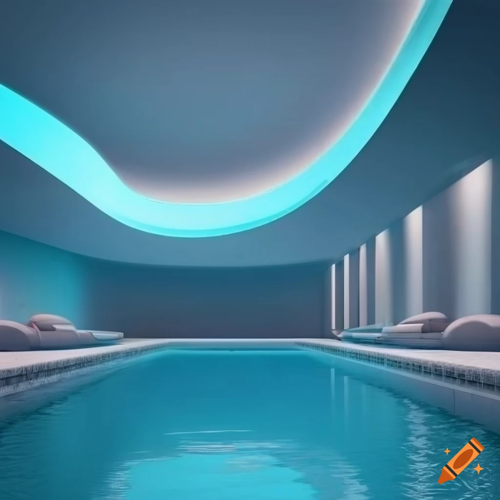 surreal spa interior with pools and fountains