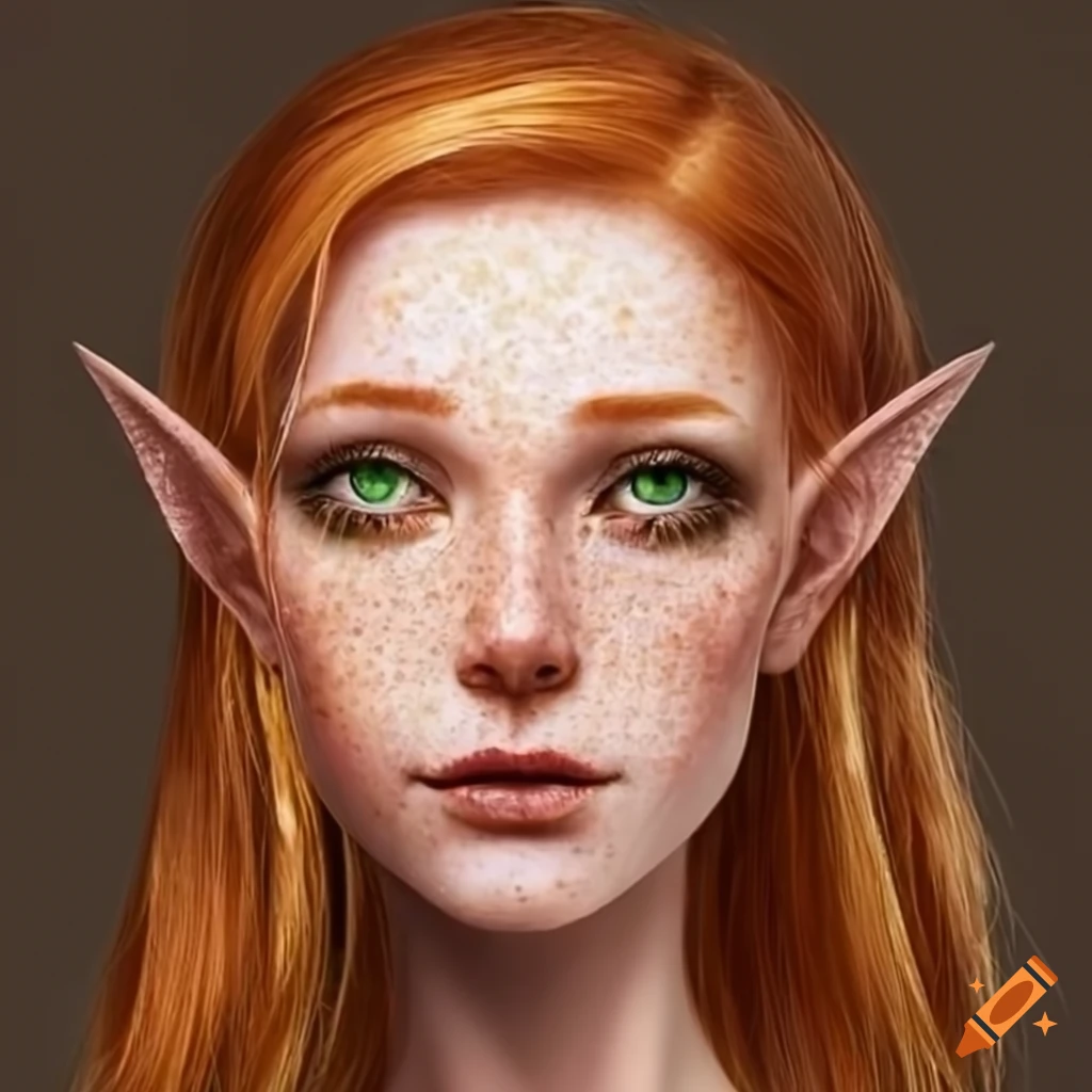 portrait of an auburn-haired elven woman with green eyes and freckles