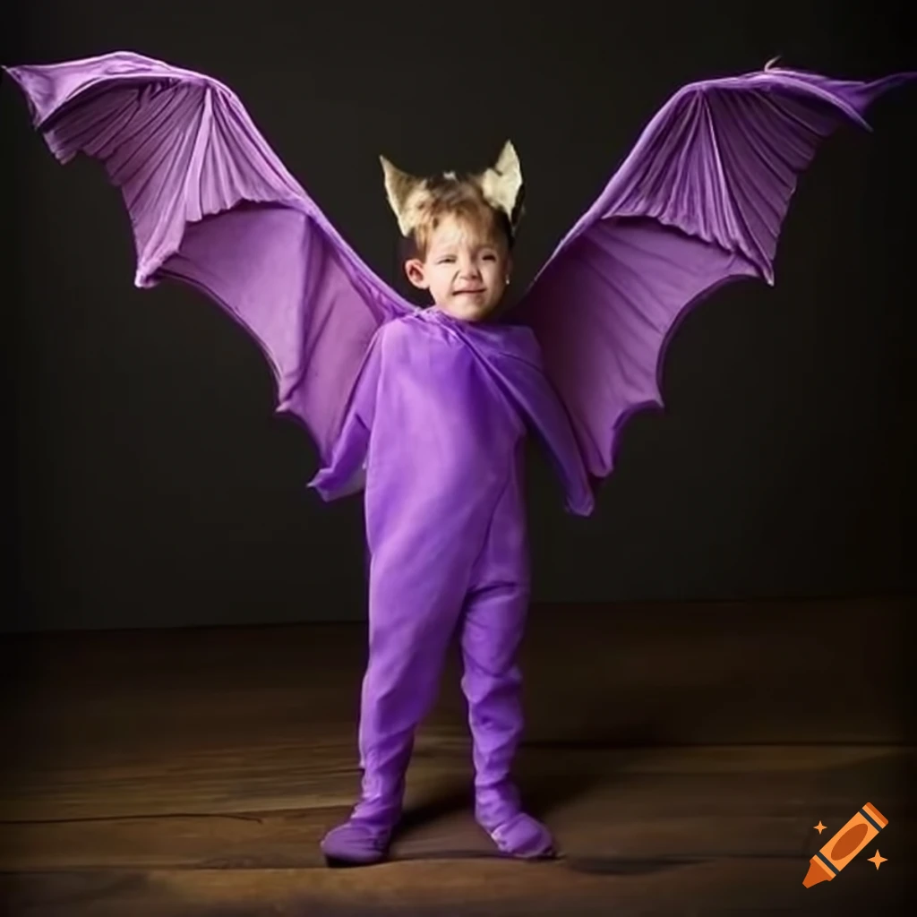 child in a bat costume with purple wings
