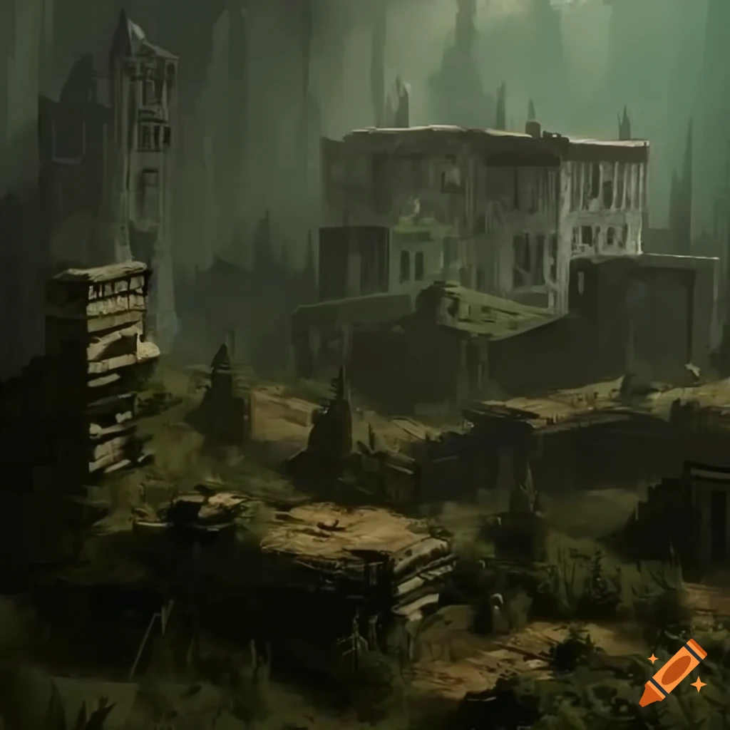 detailed concept art of overgrown post-soviet terrain