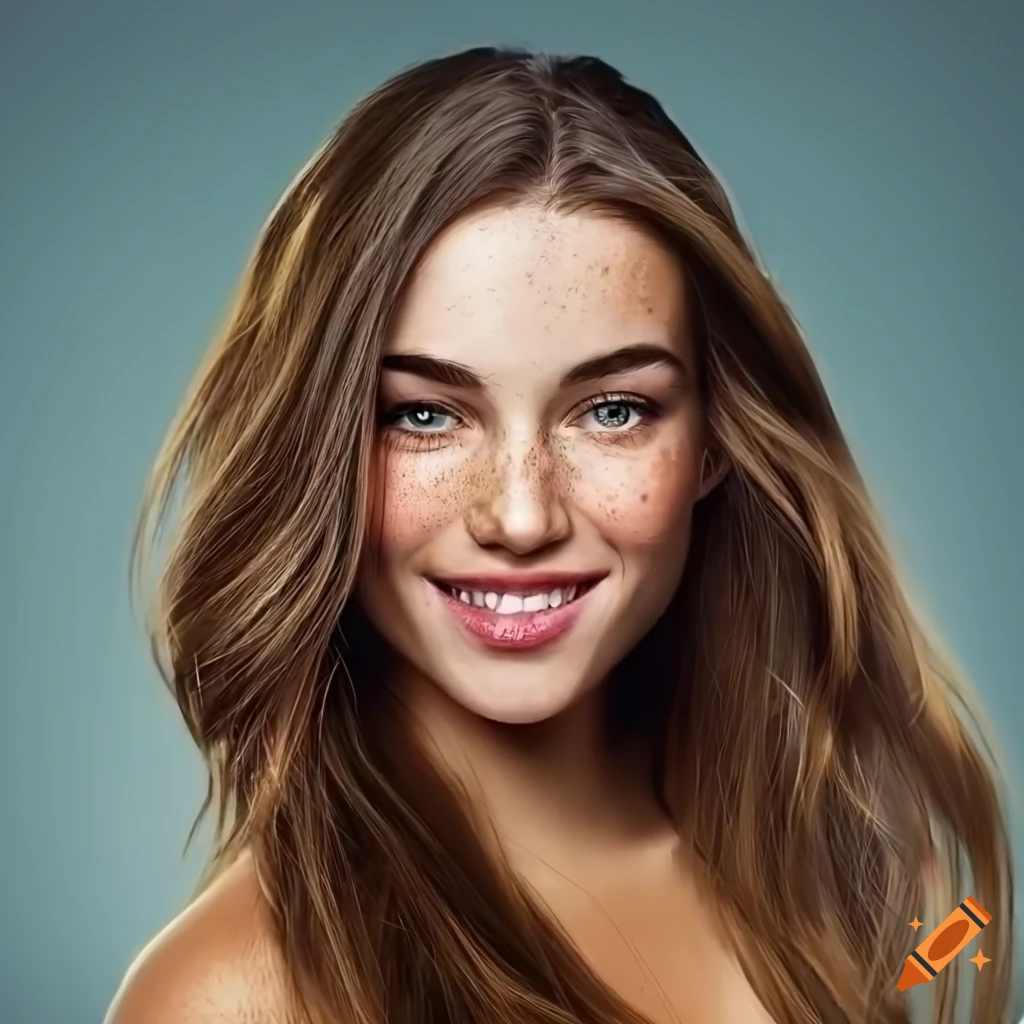 Portrait of a young woman with freckles and brown hair on Craiyon