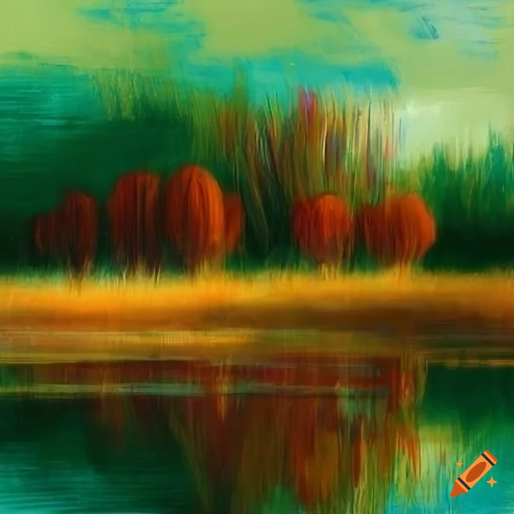 abstract painting of a river shore in a forest