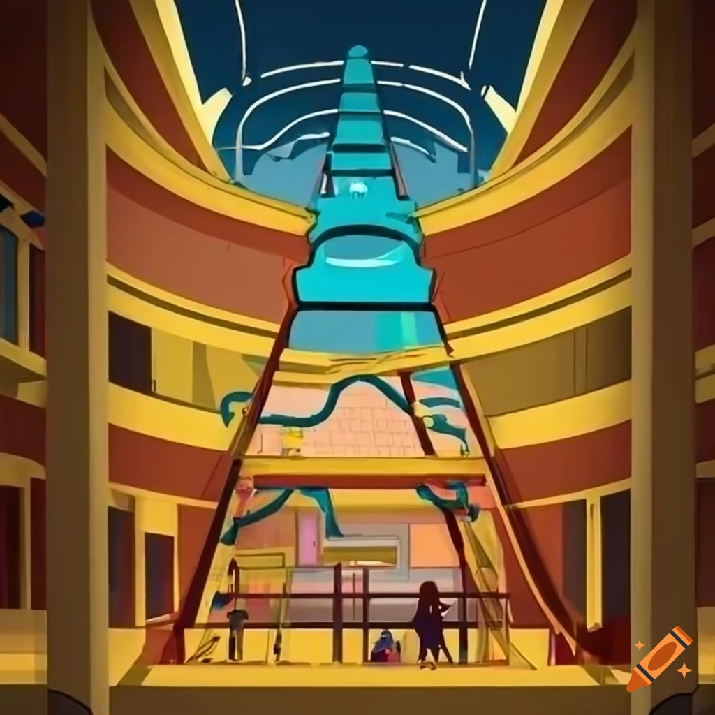 illustration of a shopping mall entrance with a golden ladder