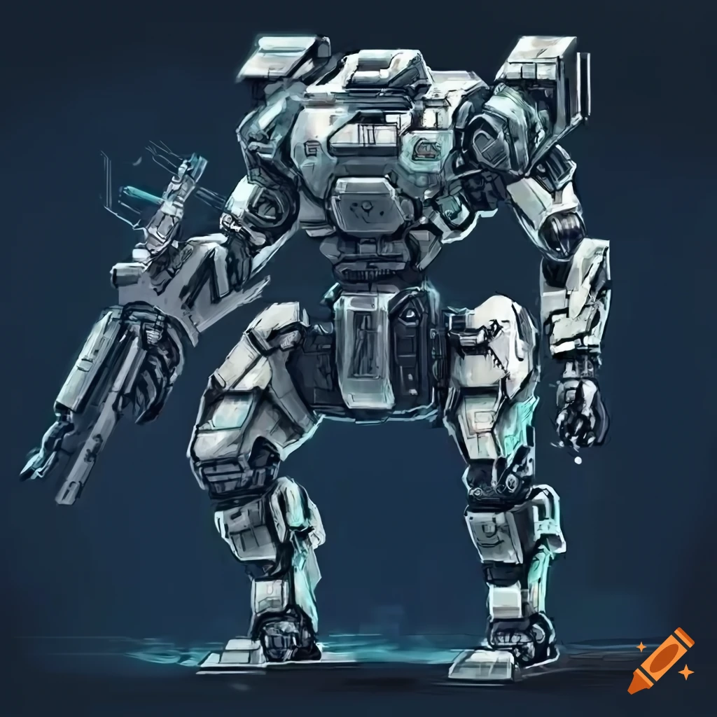 detailed technical blueprint of a futuristic mecha with advanced scanning capabilities and shotgun