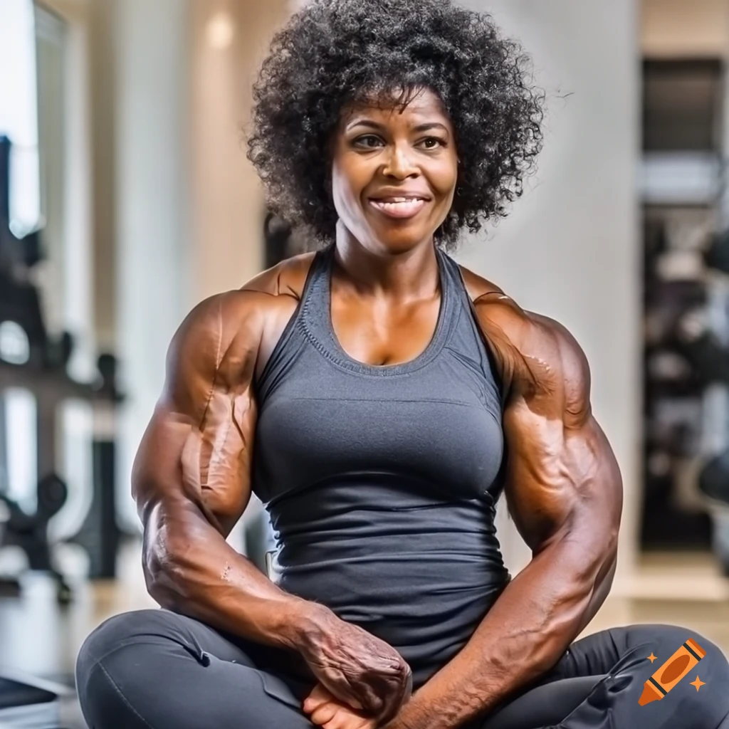 Photo of muscular african female bodybuilder with platinum hair on Craiyon