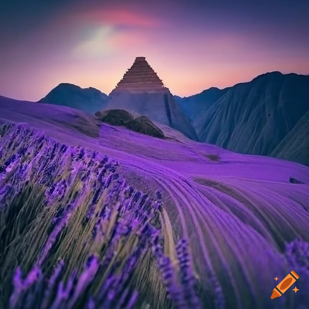 dreamlike landscape with lavender and ancient pyramids