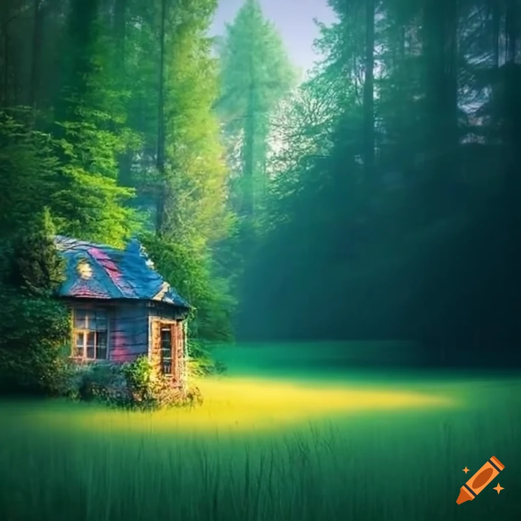 Photo of a charming house on a meadow near an enchanted forest on Craiyon