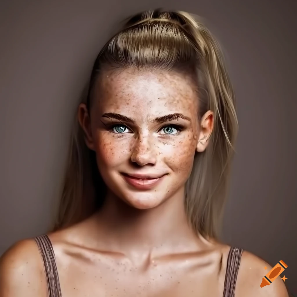 Portrait of a beautiful young woman with freckles and blonde hair on Craiyon
