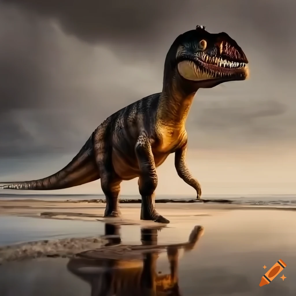 Paleoart of a Hadrosaurus walking on a beach on Craiyon