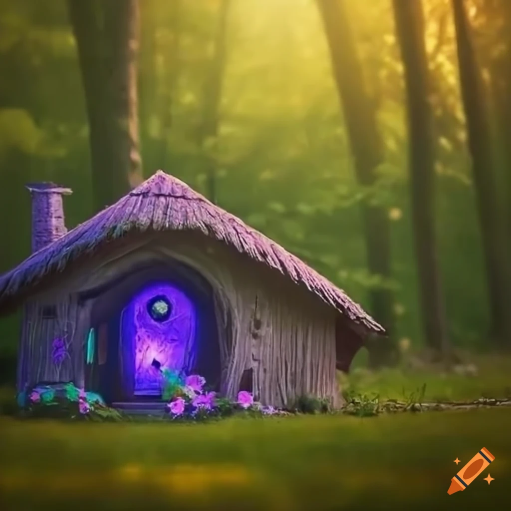 Photo of a magical witch's house in a bright enchanted forest on