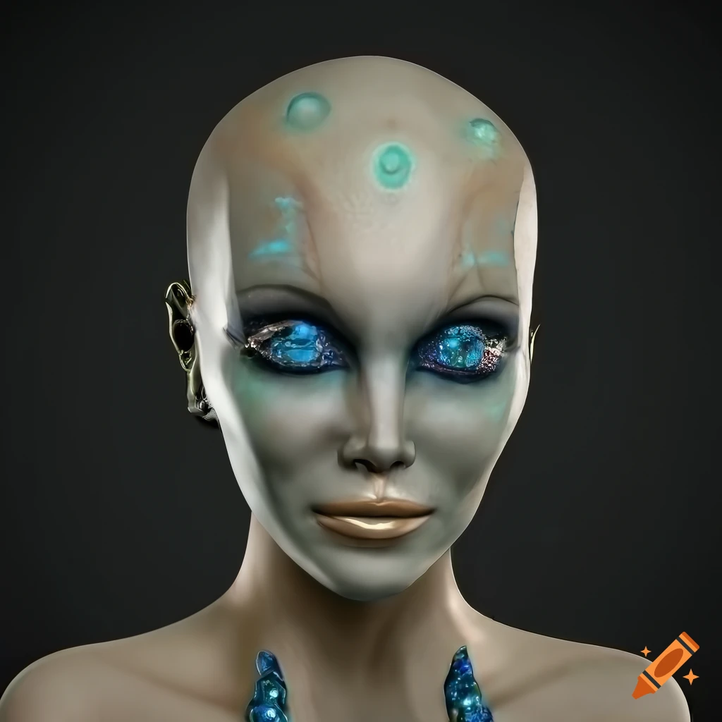 Realistic depiction of an alien woman with blue skin and golden jewelry ...