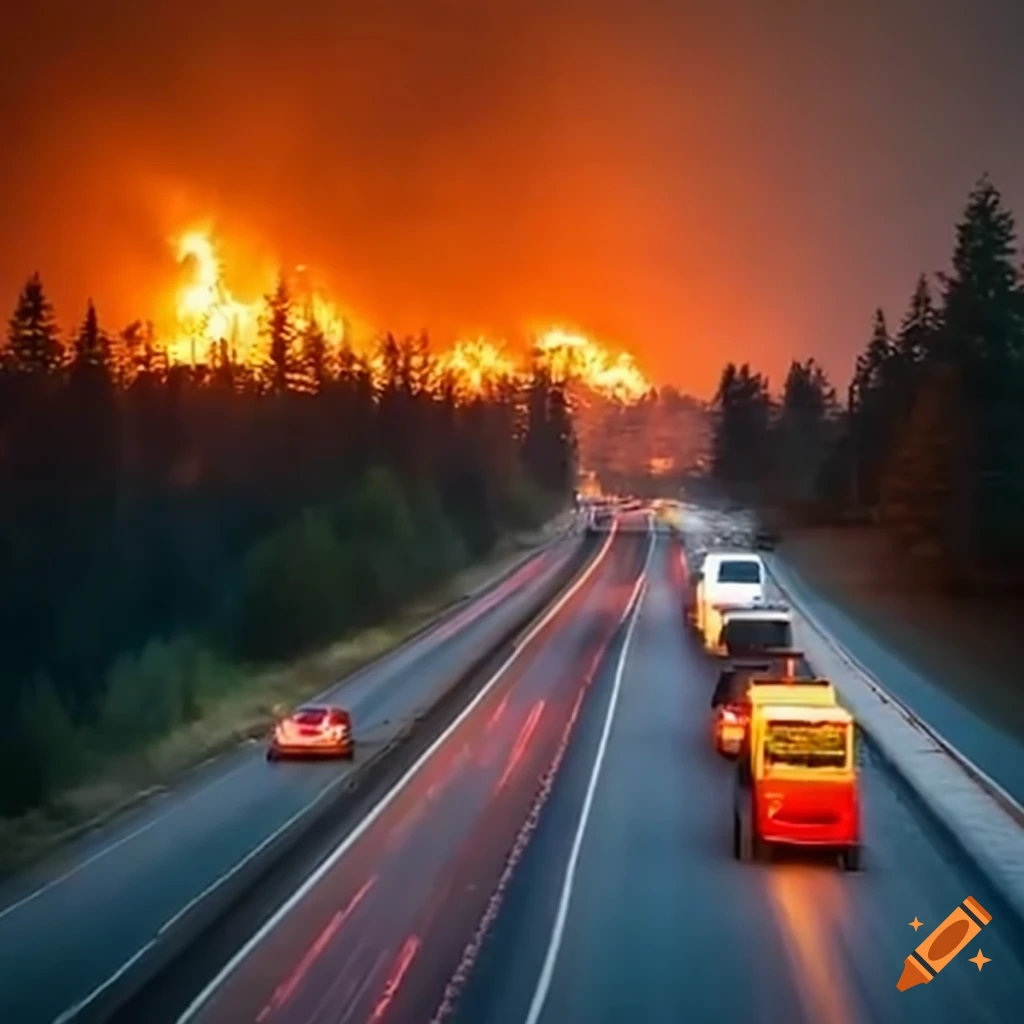 traffic jam with distant wildfire