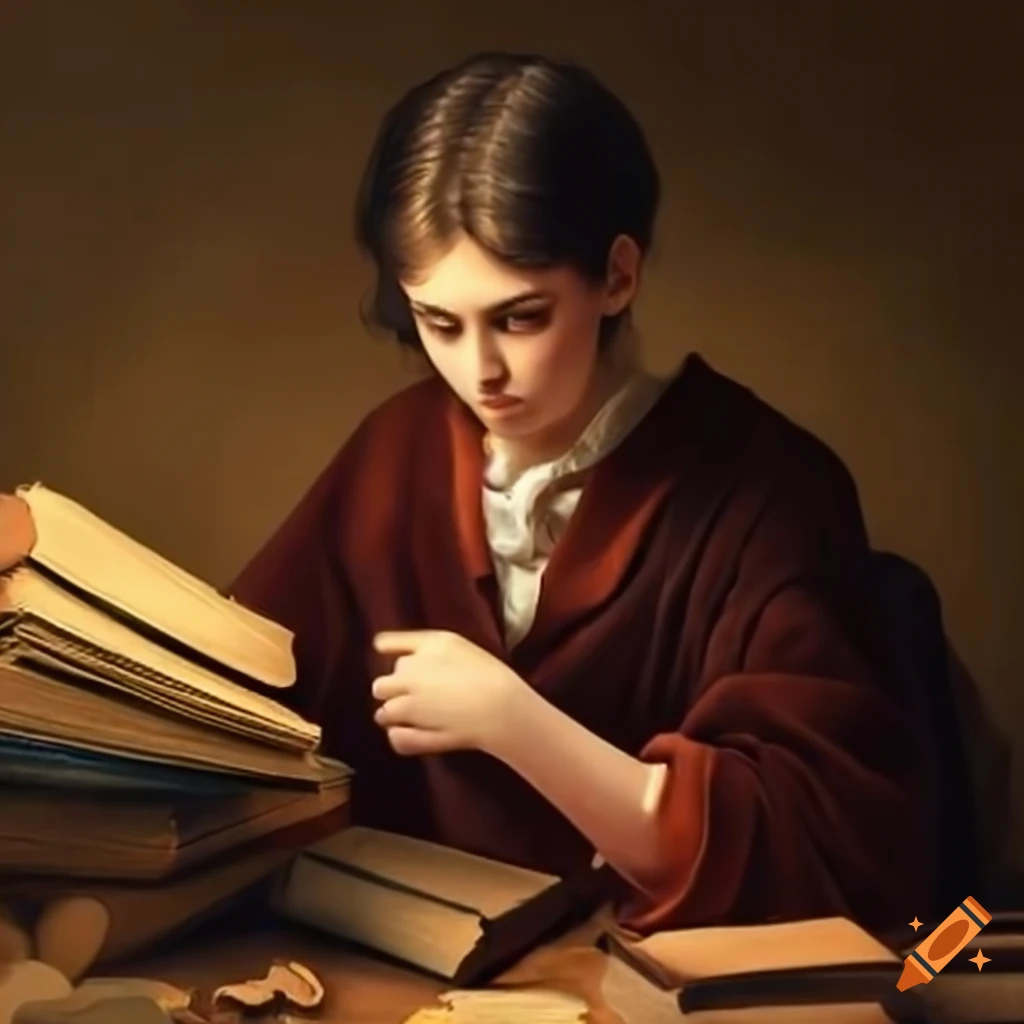 image of an adolescent scholar among books and artifacts