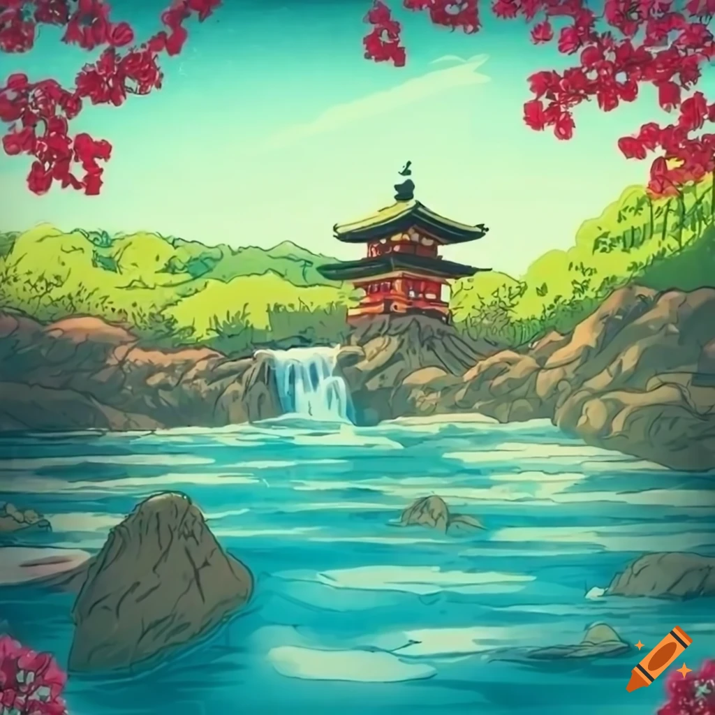 ukiyo-e illustration of a Japanese shrine in a serene landscape