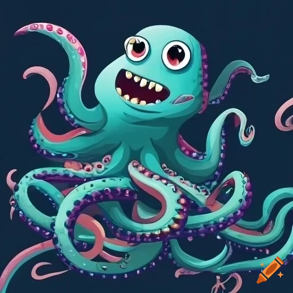 Cartoon monster octopus overwhelmed on Craiyon