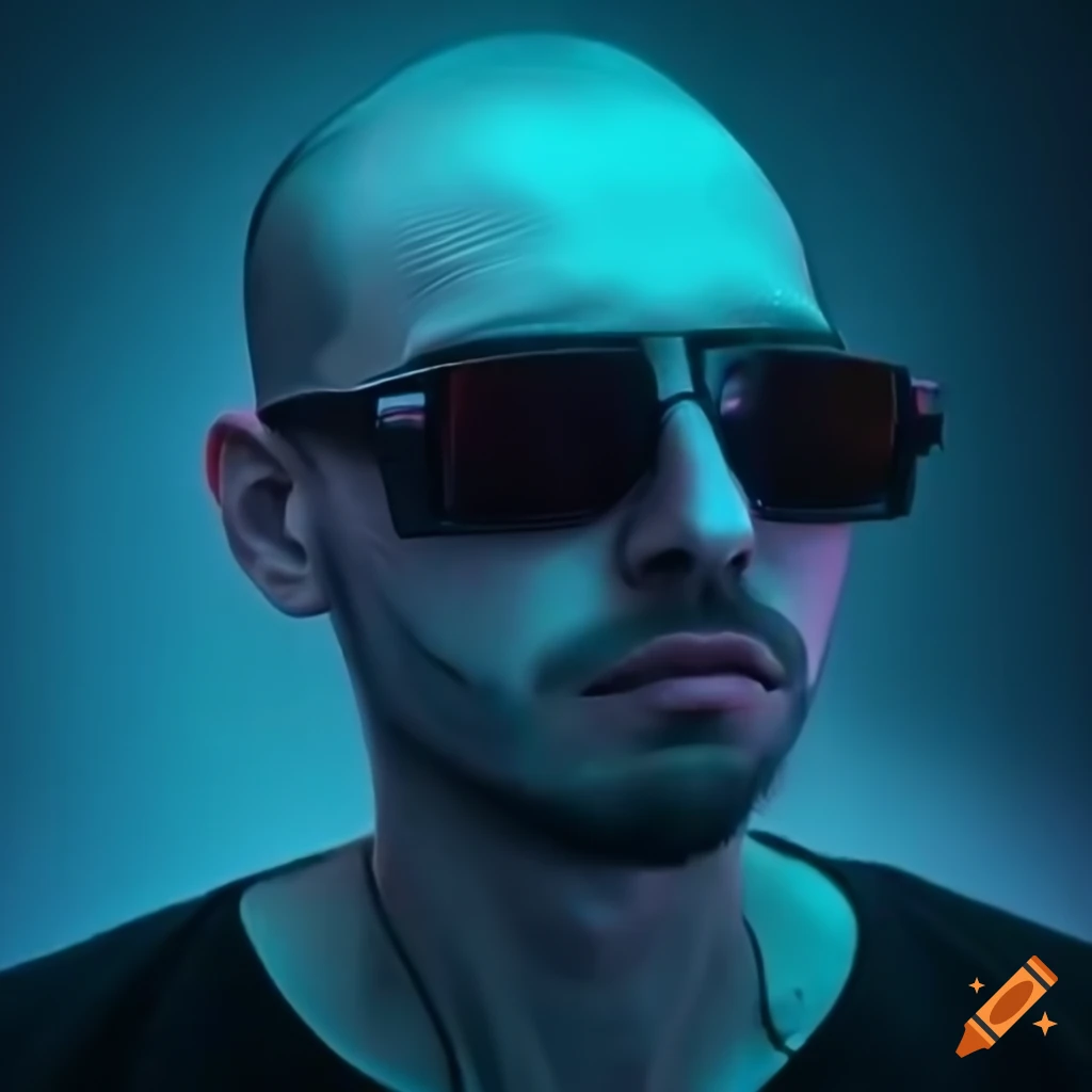 man with mirrored glasses in a futuristic cyberpunk setting