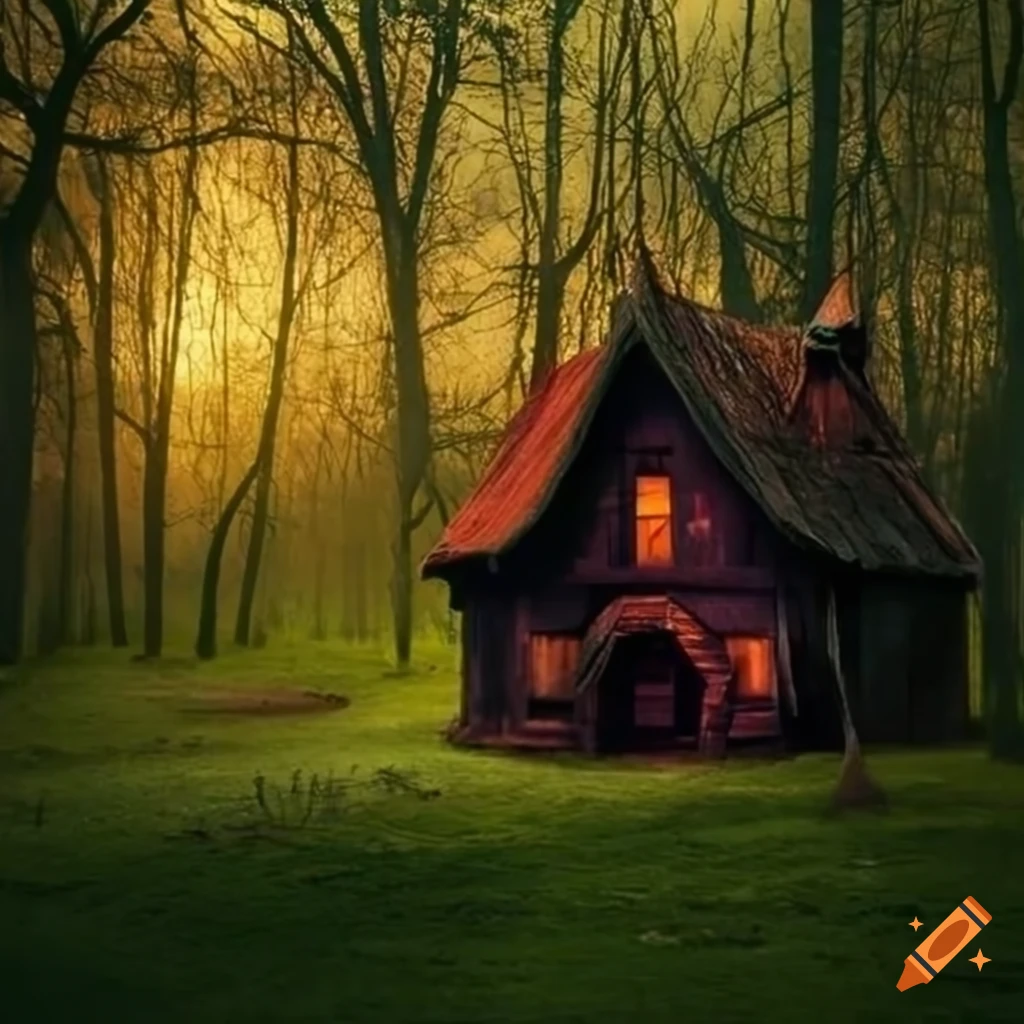 Enchanting witch's house on a meadow near a magical forest on Craiyon