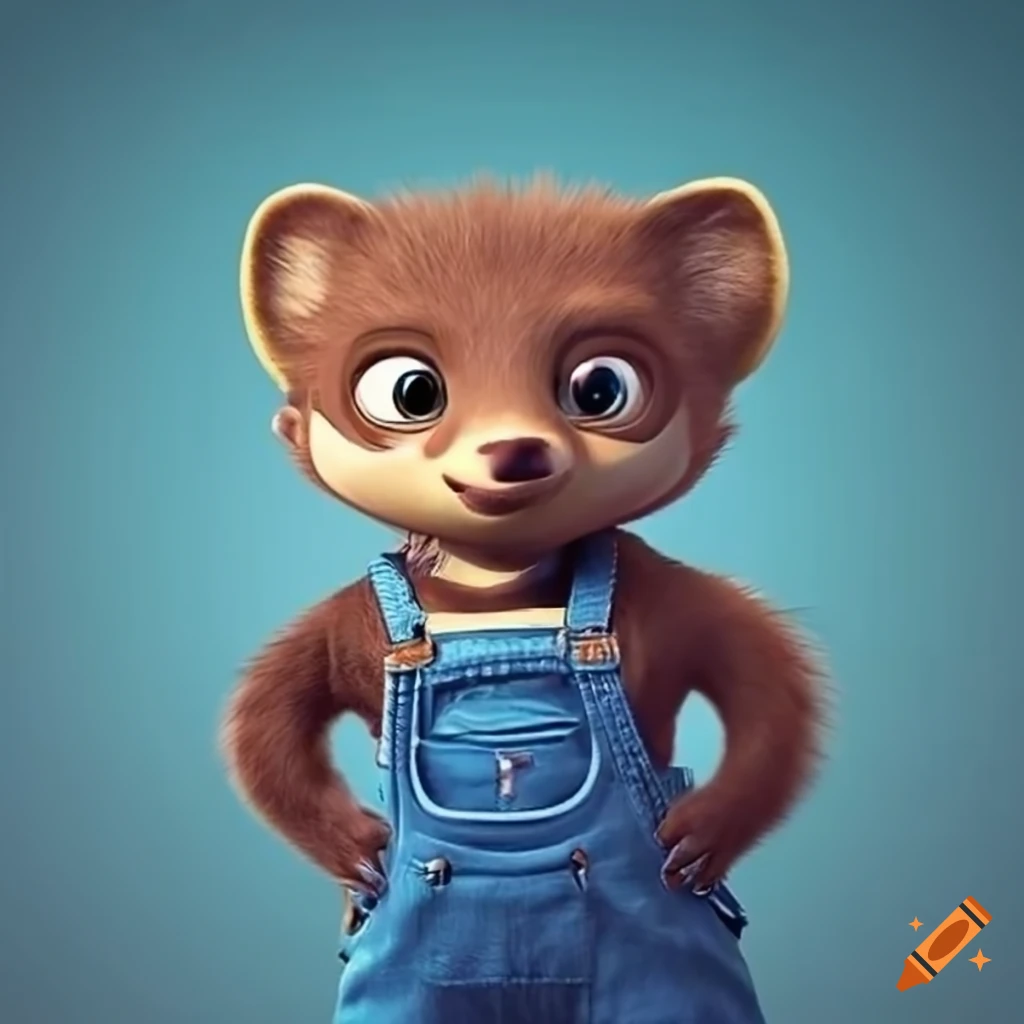 Pixar pine marten character wearing overalls