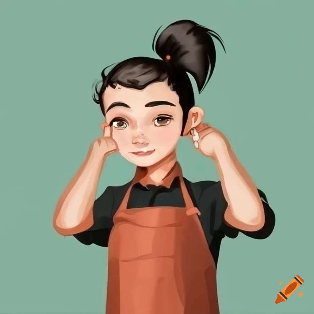 young barista with black ponytail hair
