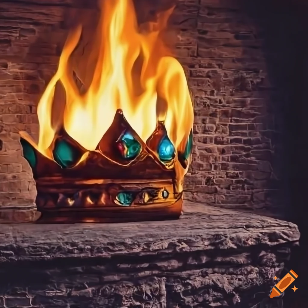 medieval crown engulfed in flames in a fireplace