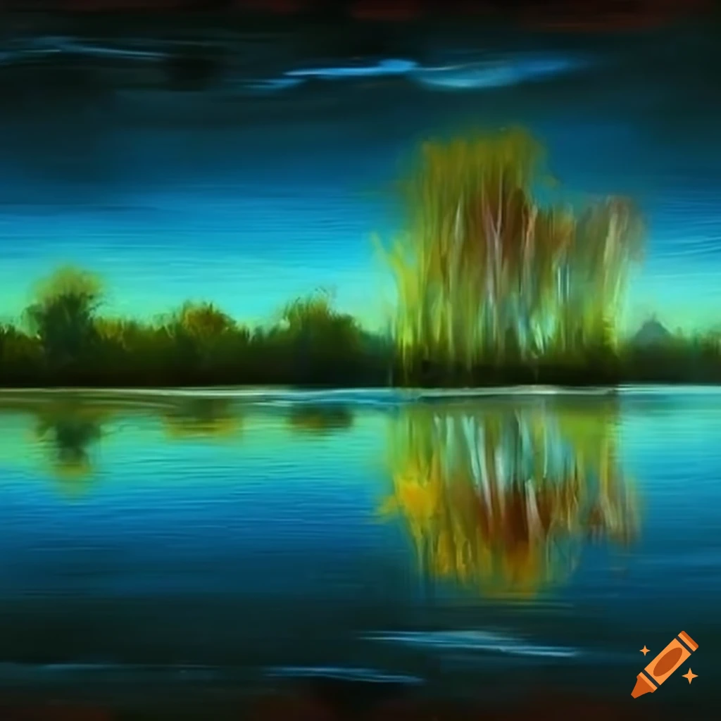 abstract painting of a river shore in a forest