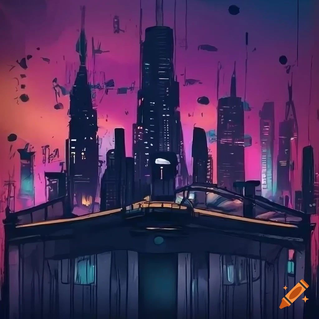Nighttime Illustration Of A Steampunk Cyberpunk Cityscape On Craiyon