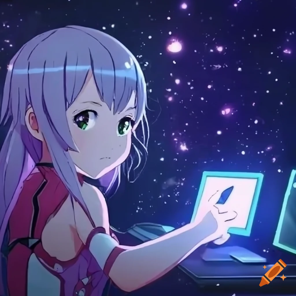 anime inspired artwork representing a girl merging with a mouse cursor on  Craiyon
