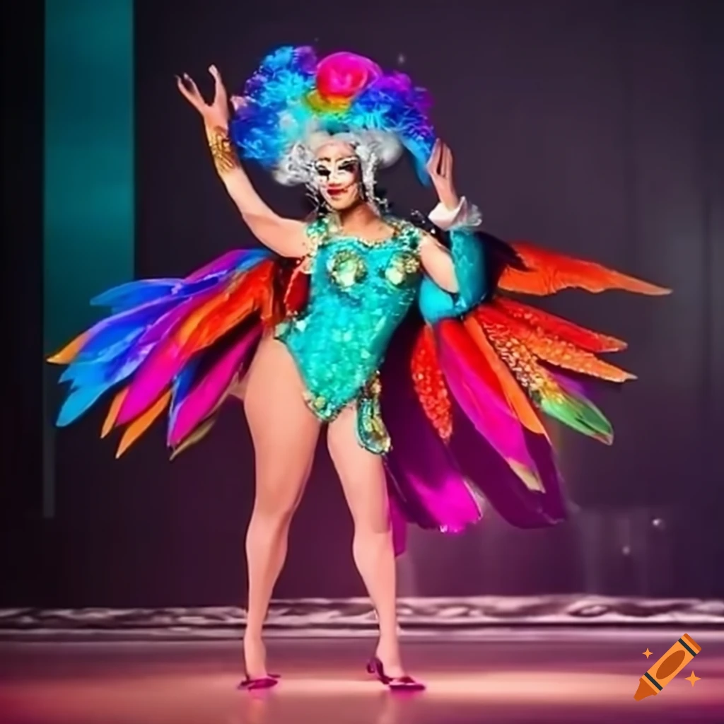 fierce drag queen in bird-themed outfit on the runway