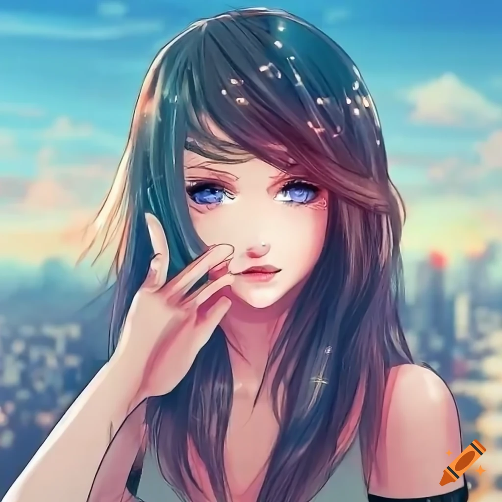 Anime Girl, Brown Hair and Eyes, Profile, Close-up of Face, Wears Light  Blue Cropped Stock Illustration - Illustration of face, longhair: 277251838