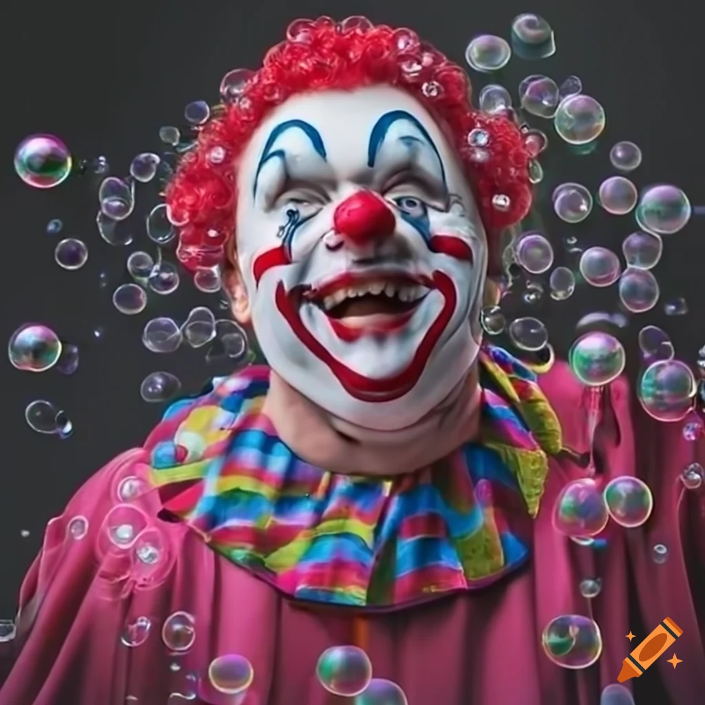 clown surrounded by bubbles
