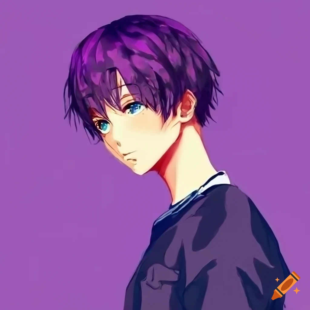 anime-style boy in profile against purple sky