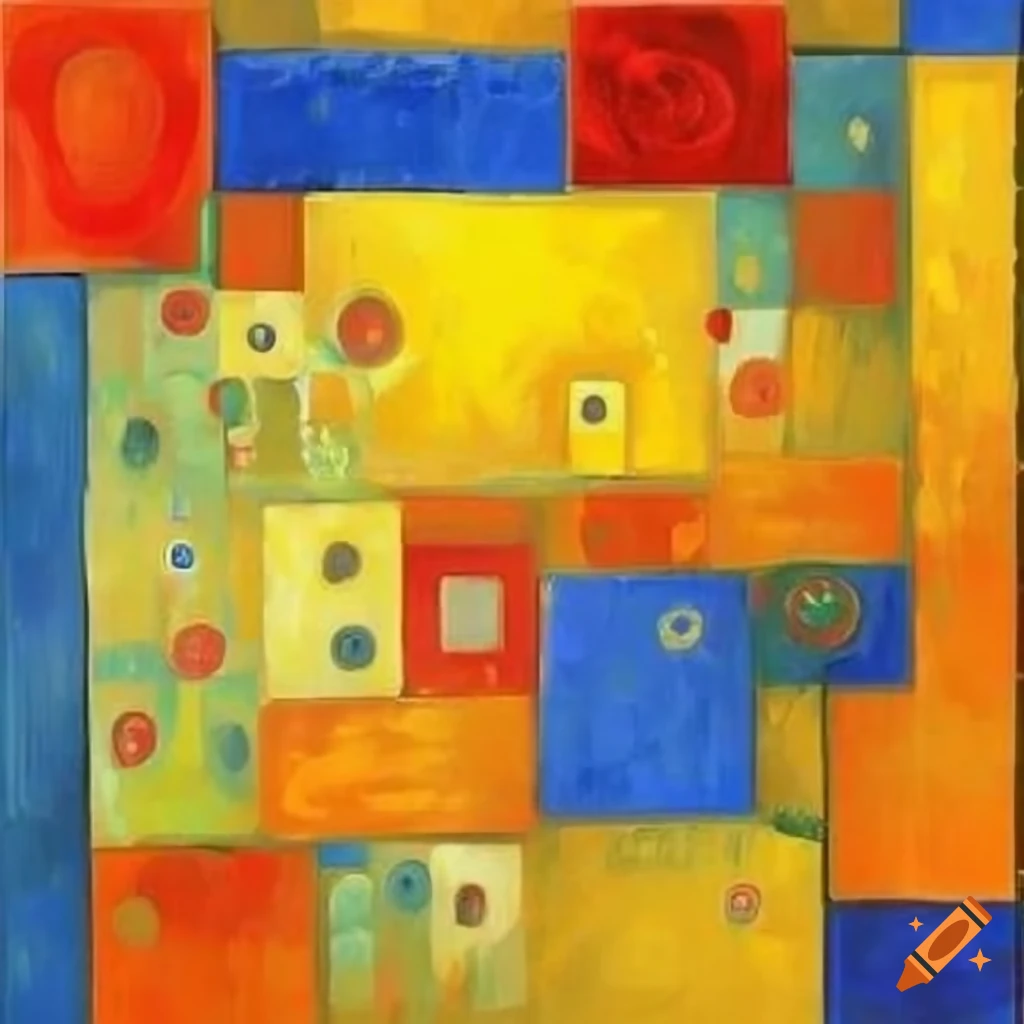 vibrant squares abstract art in blue with poppies
