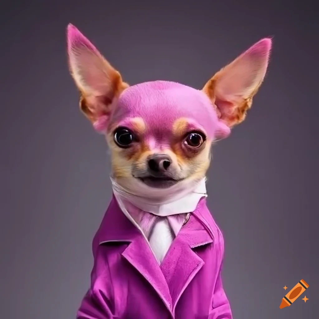 retrowave illustration of a pink chihuahua in a suit and hat