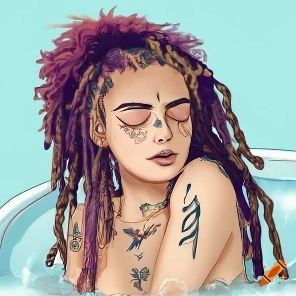 drawn image of a peaceful boho girl in a crystal-filled bath
