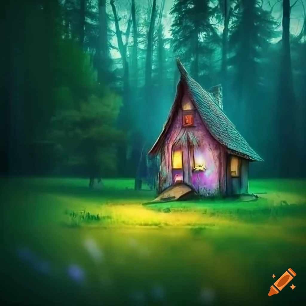 enchanted forest with a cute witch's house on a meadow