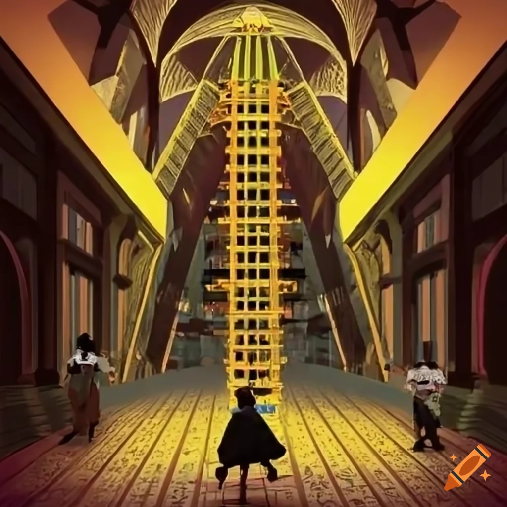 illustration of a grand entrance of a shopping mall with a golden ladder