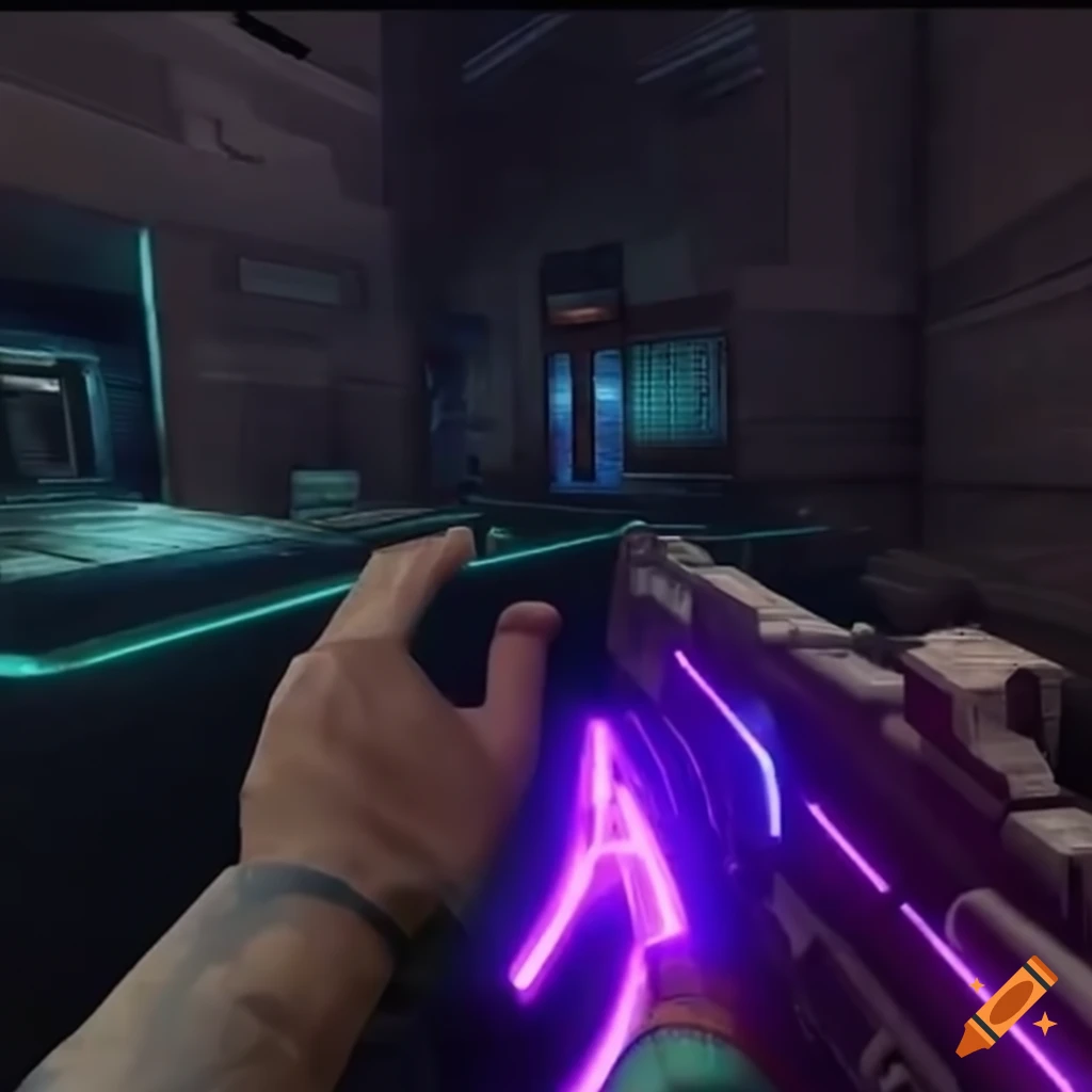 Glowing futuristic gun in fps gameplay on Craiyon