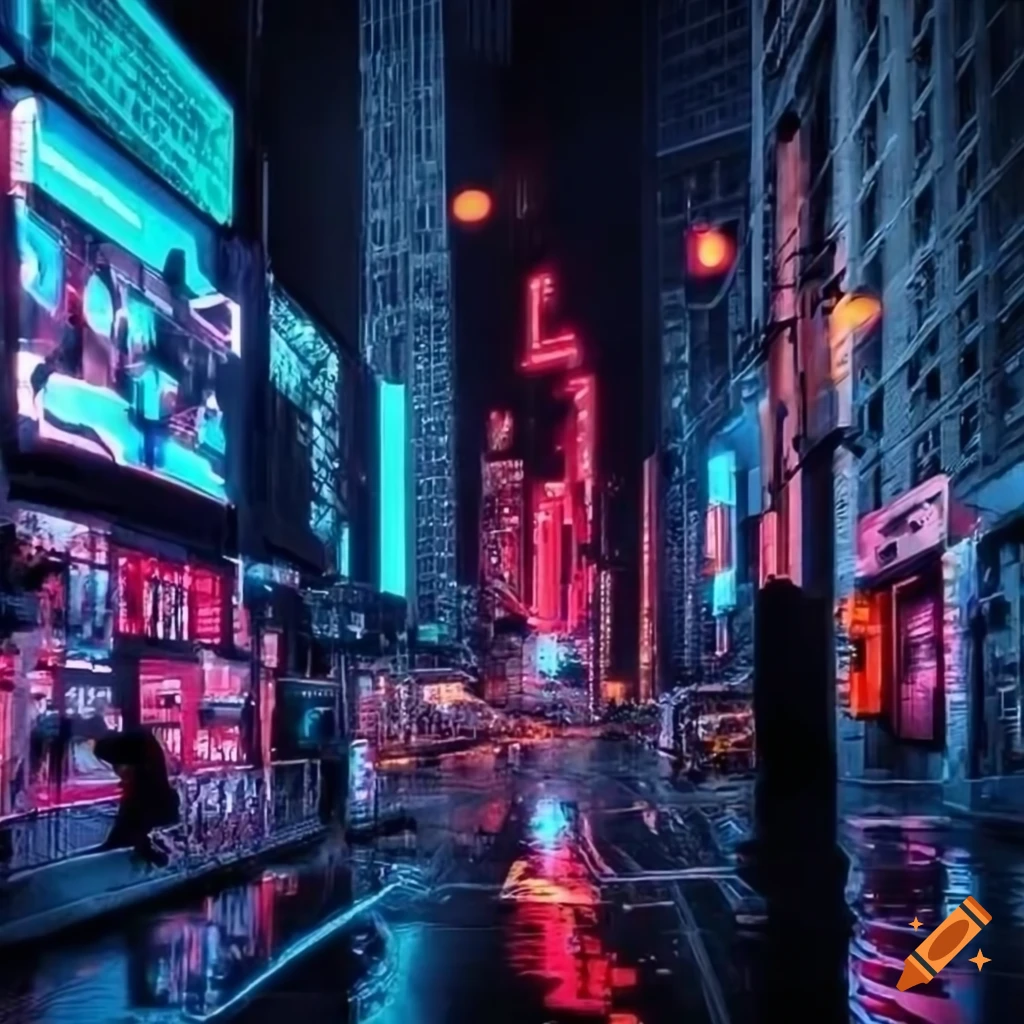 dark and neon-lit cityscape of near future New York