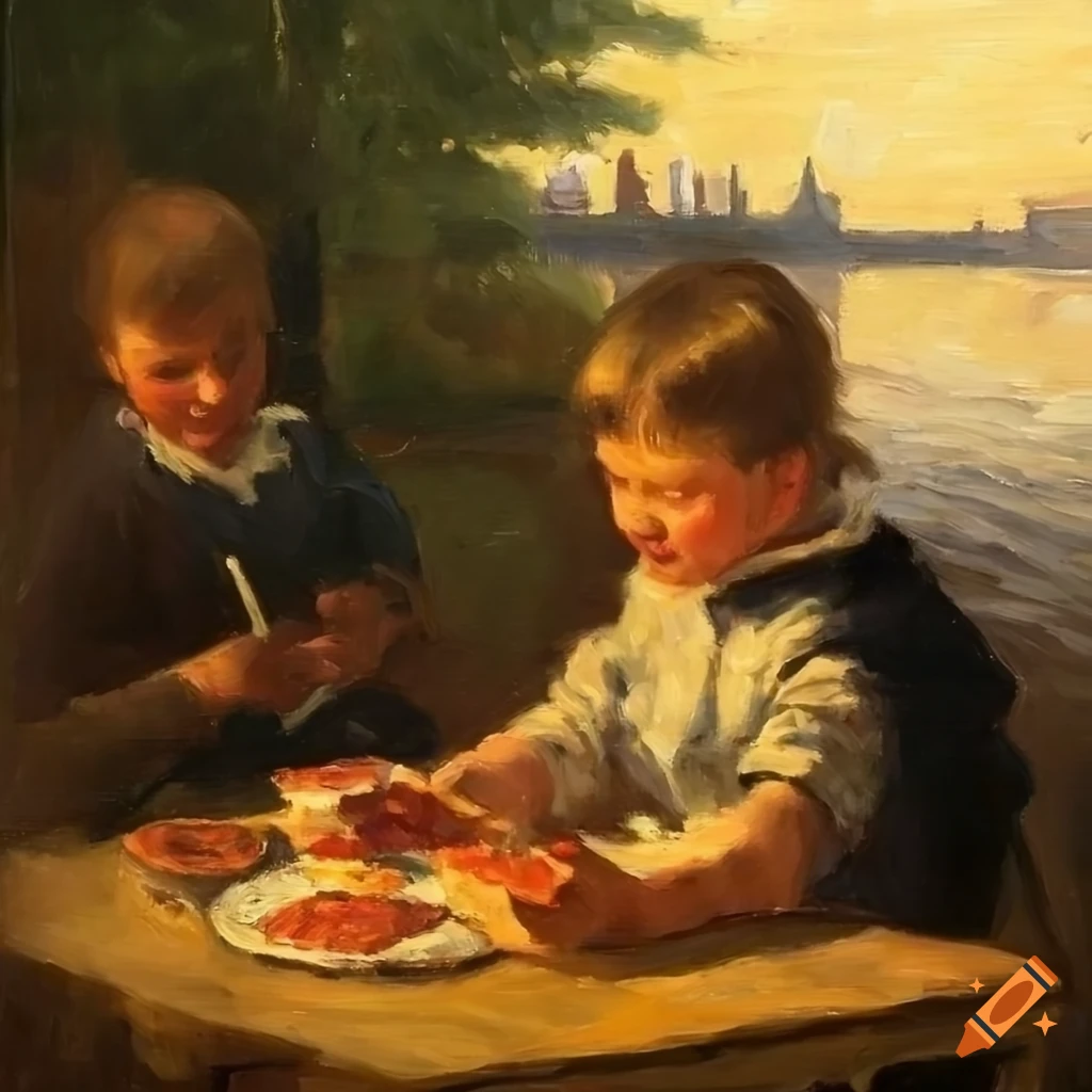 Oil painting of siblings eating pizza by the river elbe on Craiyon