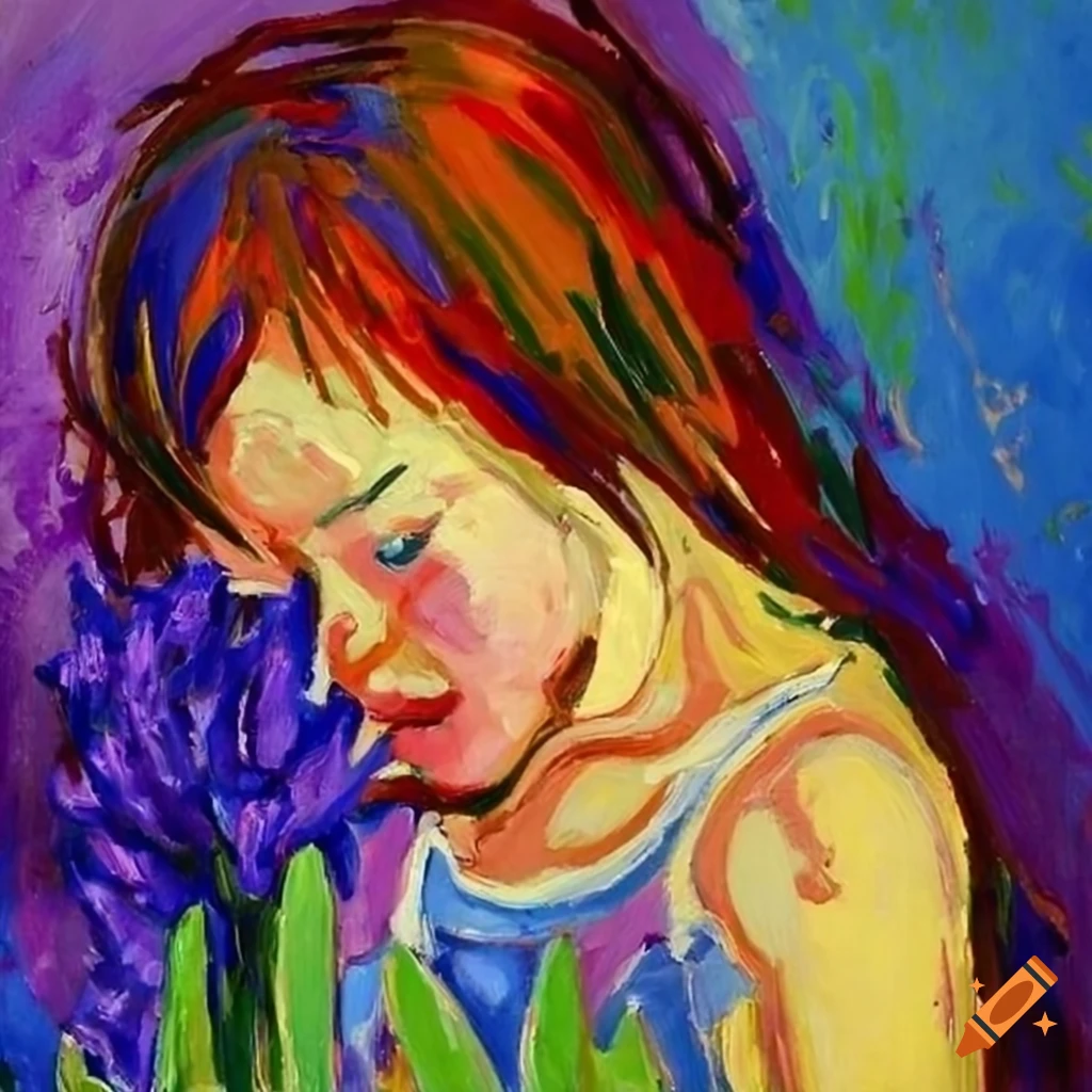 fauvism painting of a girl crying with a purple hyacinth