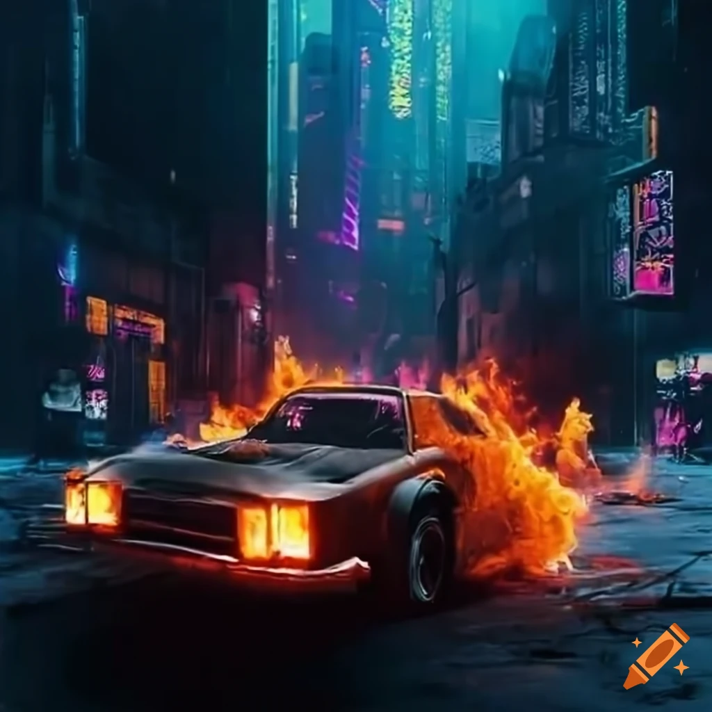 cyberpunk image of a burning car in a downtown