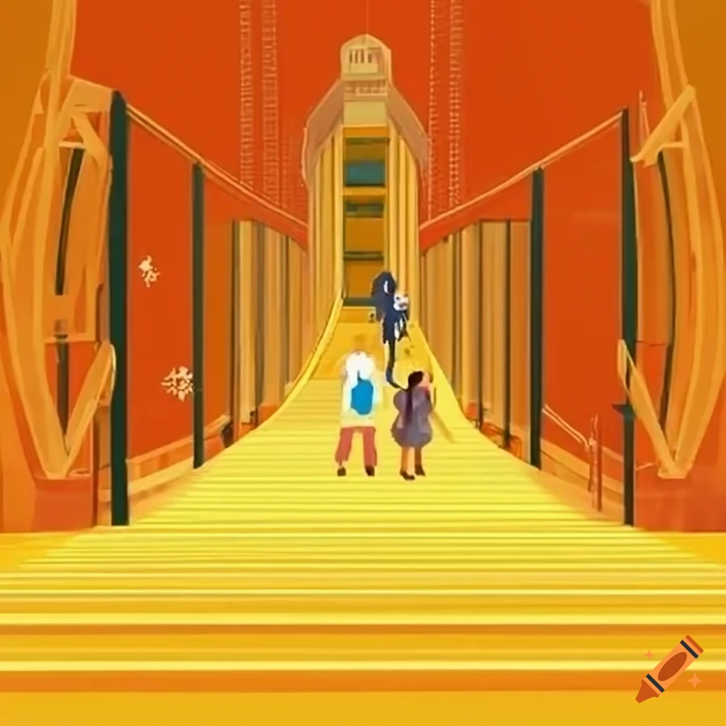 illustration of a grand entrance of a shopping mall with a golden ladder