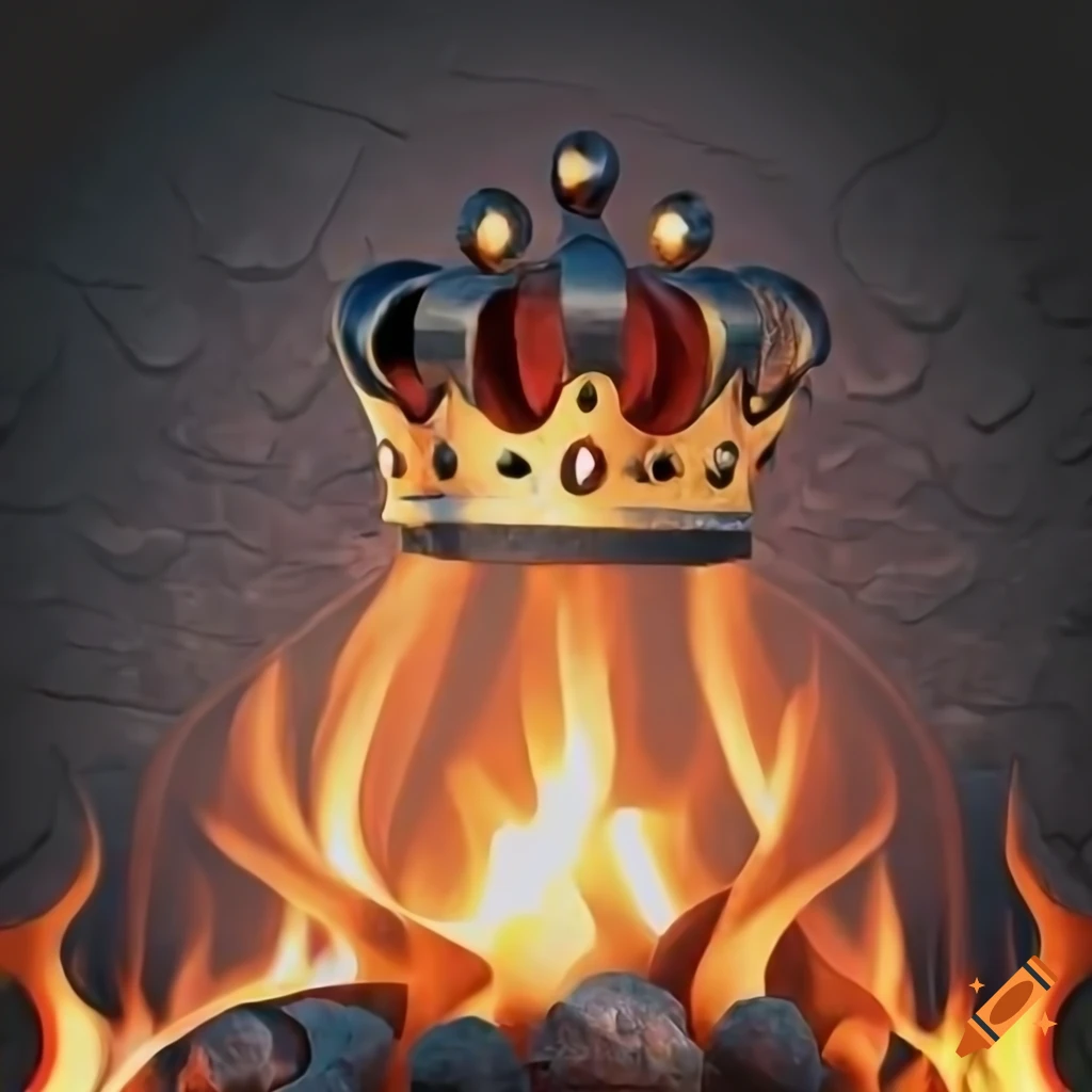 medieval crown engulfed in flames in a fireplace