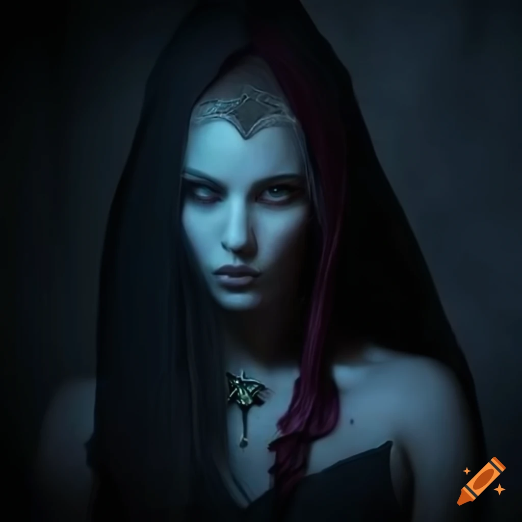 Portrait of a dark elven priestess in a dungeon