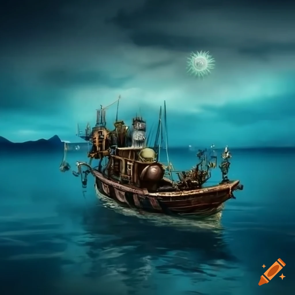Surreal steampunk boat in a strange sky