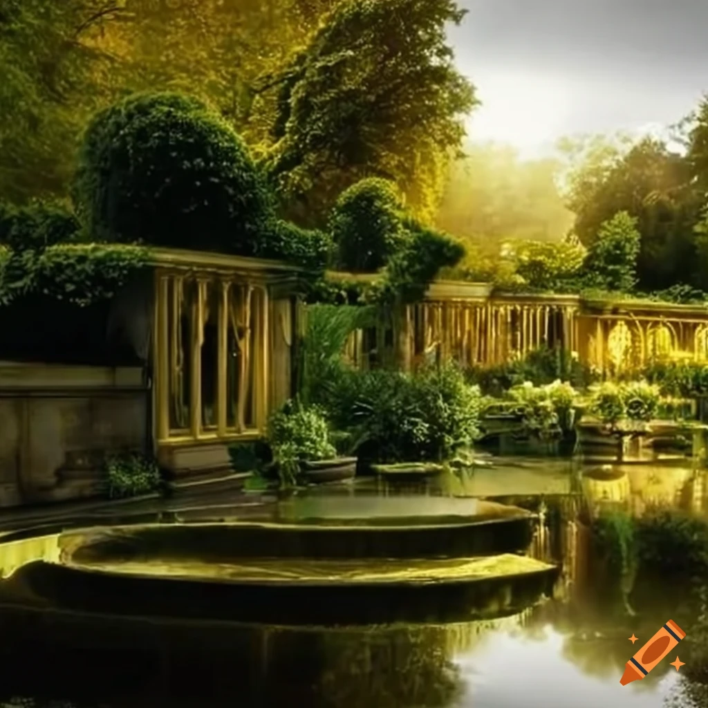 golden rococo balcony overlooking a pond in a Victorian garden