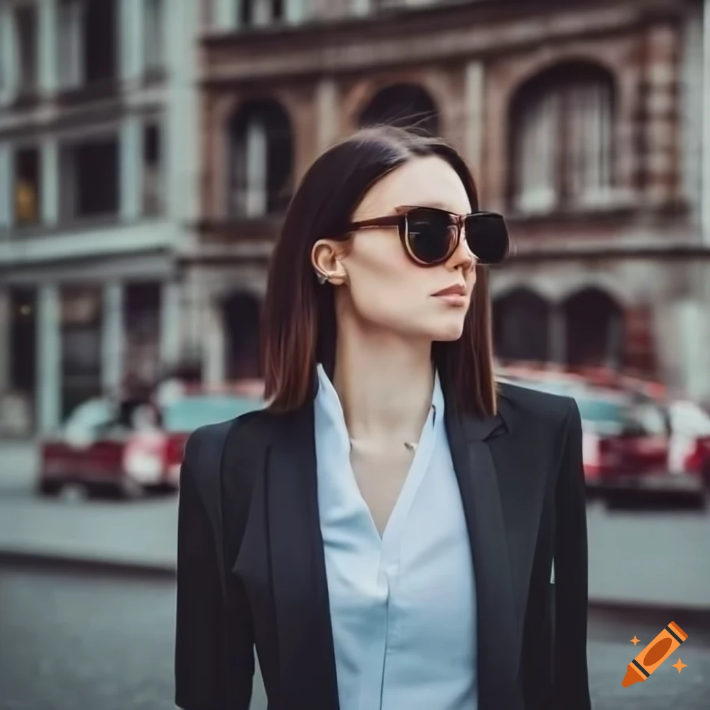 businesswoman in sunglasses in a city street