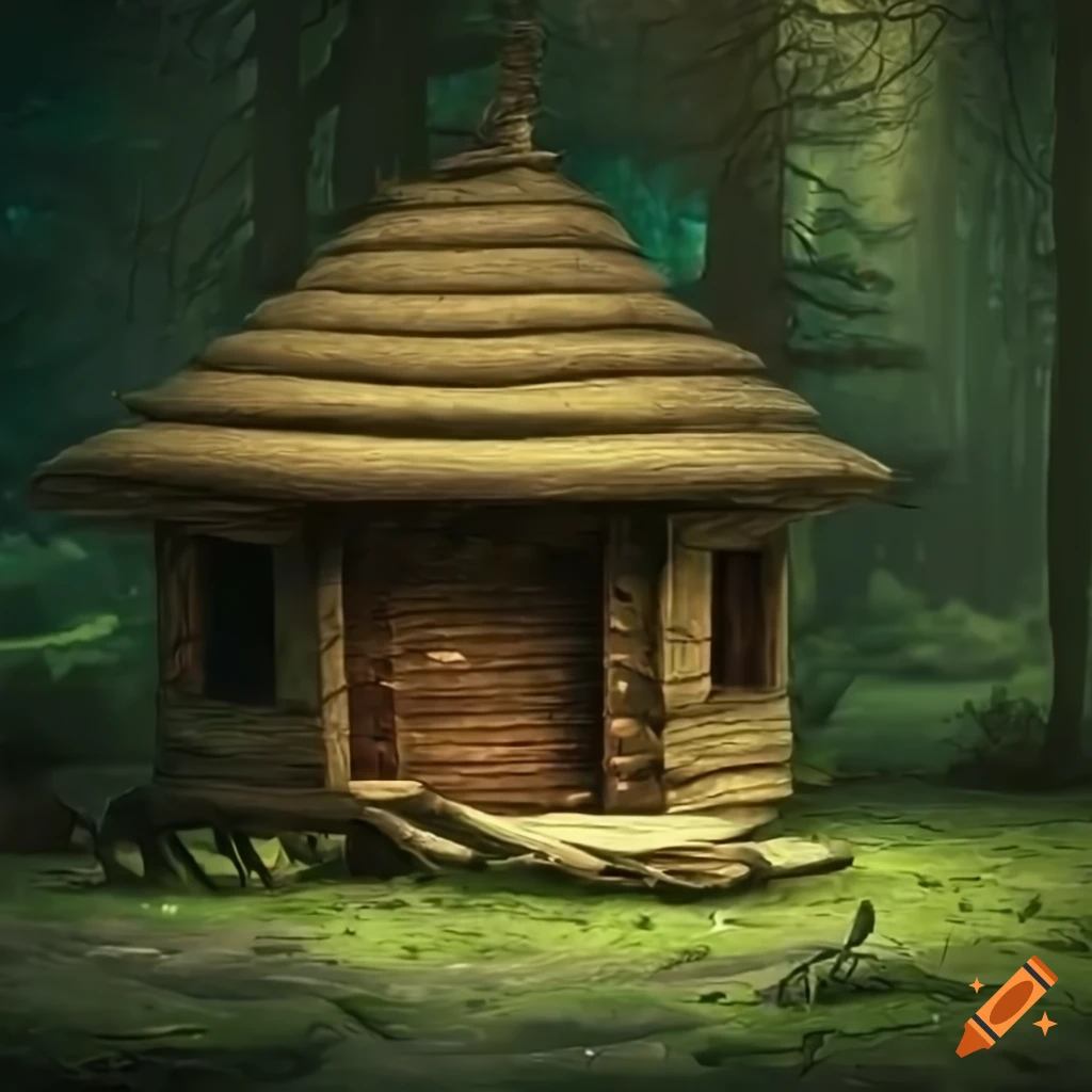 photo of a wooden hut in a magical forest